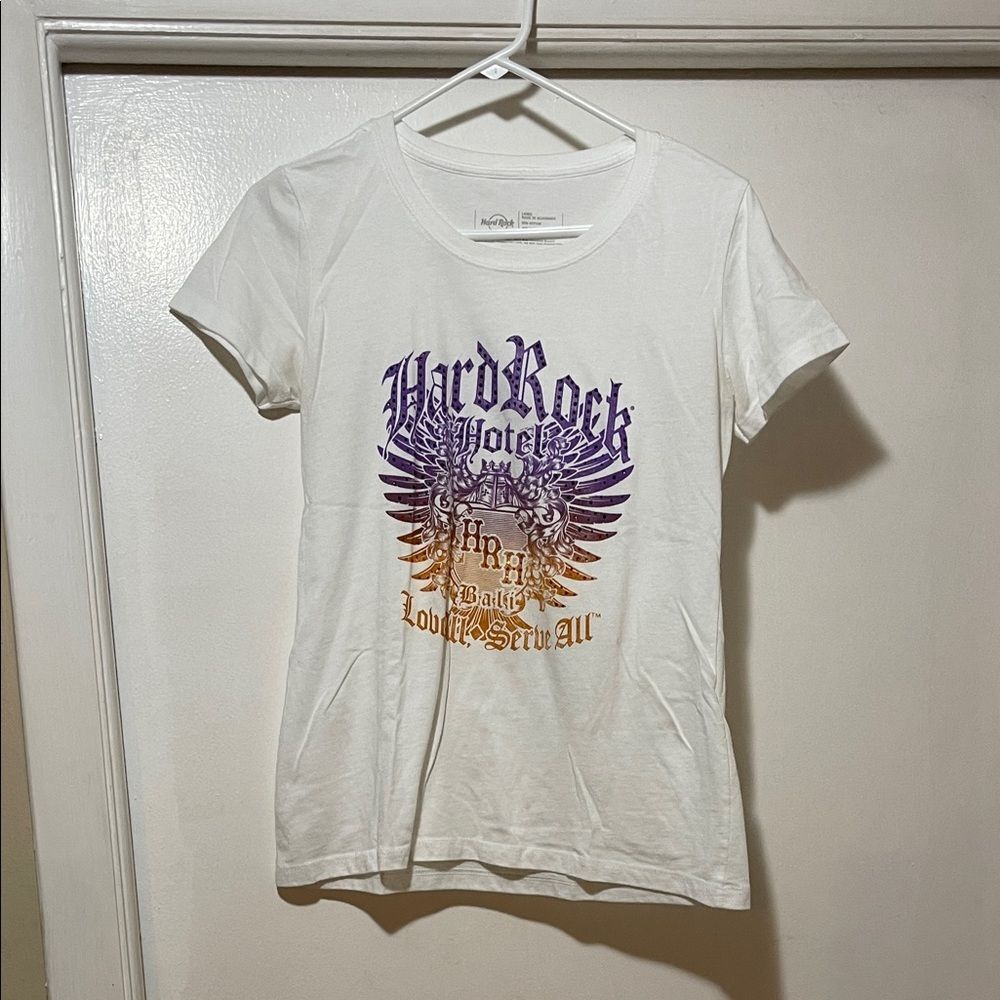 Hard Rock Hotel bali Graphic Tee in White with Purple & Gold Print size large